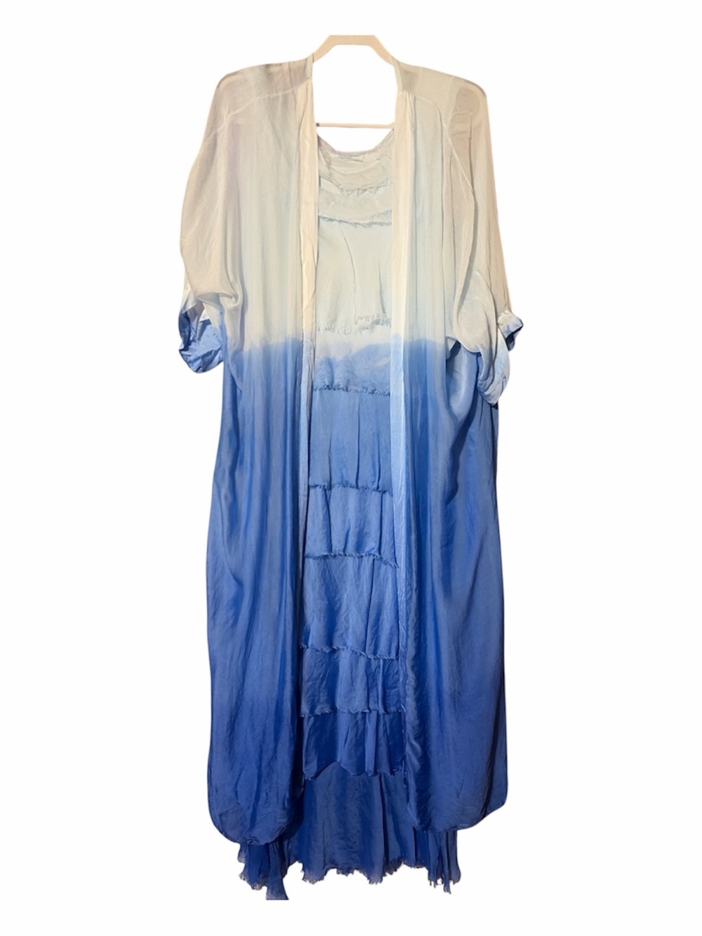 Made in Italy Silk Blend Ombre Maxi Dress & Duster Set Lagenlook Blue Lt Blue L - Picture 2 of 10